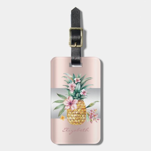 Eleganter Girly Stripe, Ananas-Blüte Rose Gold Gepäckanhänger (Vorderseite vertikal)