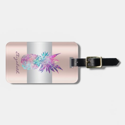 Eleganter Girly Stripe, Ananas Rose Gold Gepäckanhänger (Vorderseite horizontal)