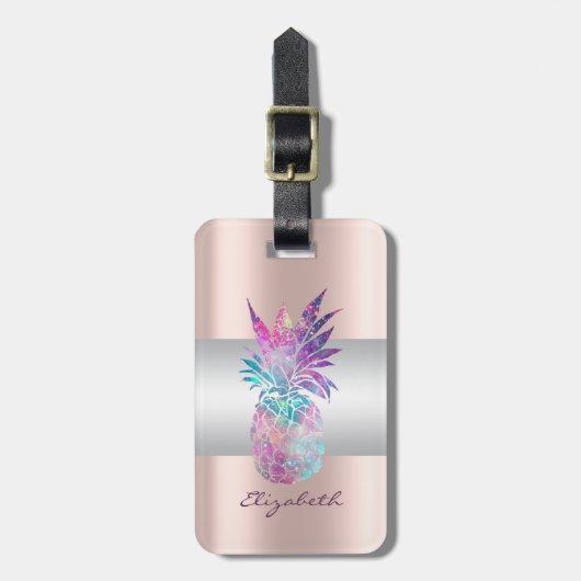 Eleganter Girly Stripe, Ananas Rose Gold Gepäckanhänger (Vorderseite vertikal)