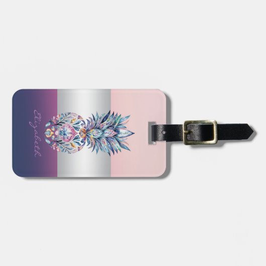Eleganter Girly Stripe, farbenfrohe Ananas Gepäckanhänger (Vorderseite horizontal)