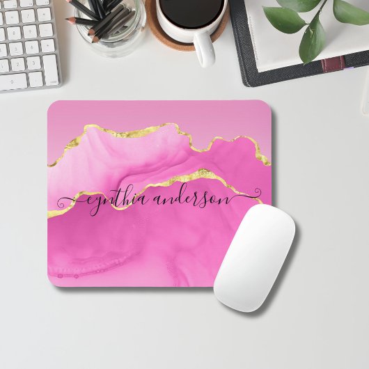 Eleganter Glam Pink & Gold Agate Stone Friseur Mousepad