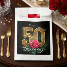 Eleganter Glam Schwarz Gold Rote Rose 50. Geburtst