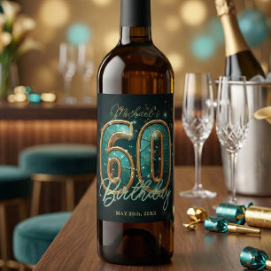 Eleganter Glam Türkis Gold 60. Meilenstein-Geburts Weinetikett