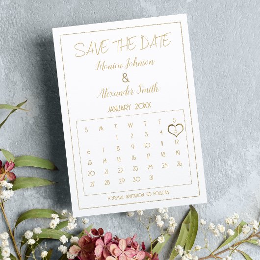 Eleganter Glam White Gold Kalender Save the Date Ankündigungspostkarte