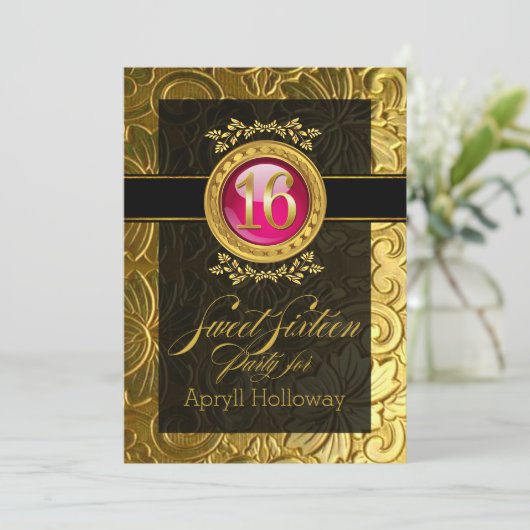 Eleganter Glamour Embossed 16 . Geburtstag Einladung (Stehend Vorderseite)