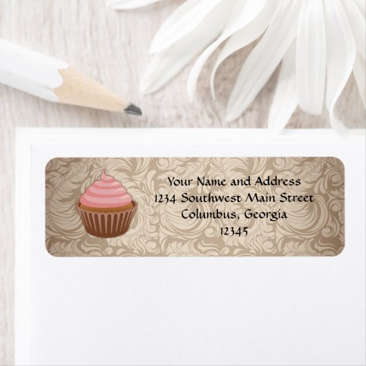Eleganter Glamour Mocha Damask Cupcake-Adressetike (Insitu)