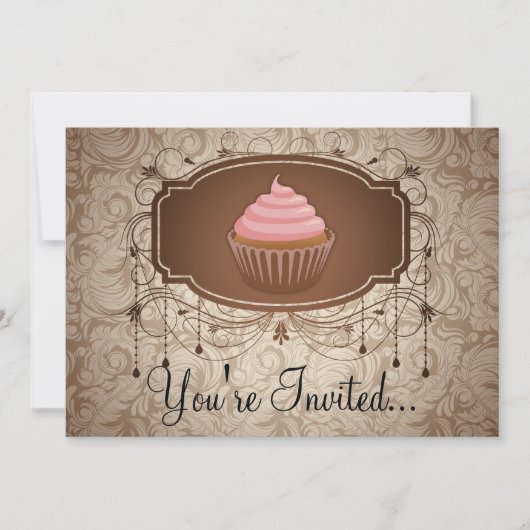 Eleganter Glamour Mocha Damask Cupcake Design Einladung (Vorderseite)