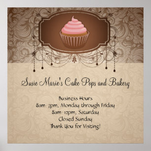 Eleganter Glamour-Mokka-Damask-Cupcake-Design-Schi Poster