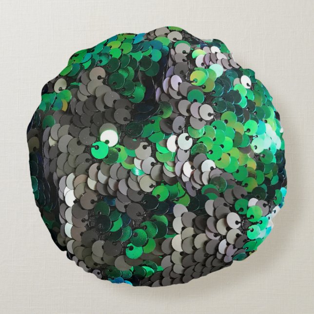 Eleganter glänzender Glamour Grüntöne graue Platte Rundes Kissen (Rückseite)