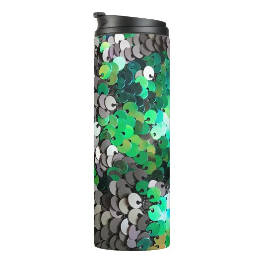 Eleganter glänzender Glamour Grüntöne graue Platte Thermosbecher (Nach rechts gedreht)