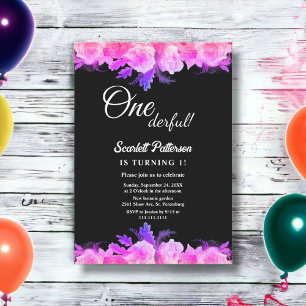 Eleganter glatter Rose Neon Floral 1. Geburtstag Einladung