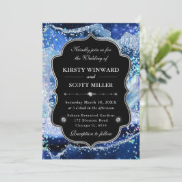 Eleganter Glitter Achat Blau & Silber Hochzeit Einladung