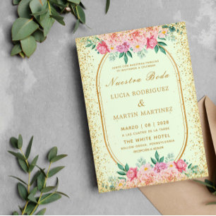 Eleganter Glitter Blumen Gold Grün Unsere Hochzeit Einladung