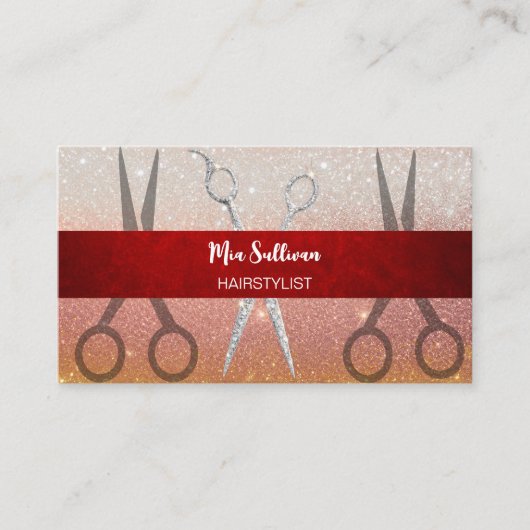 Eleganter Glitter-Friseur Silber-Schere Visitenkarte (Vorderseite)