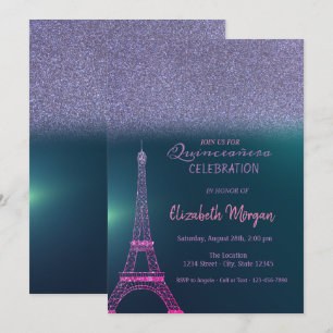 Eleganter Glitter Ombre, Eiffelturm Quinceanera Einladung