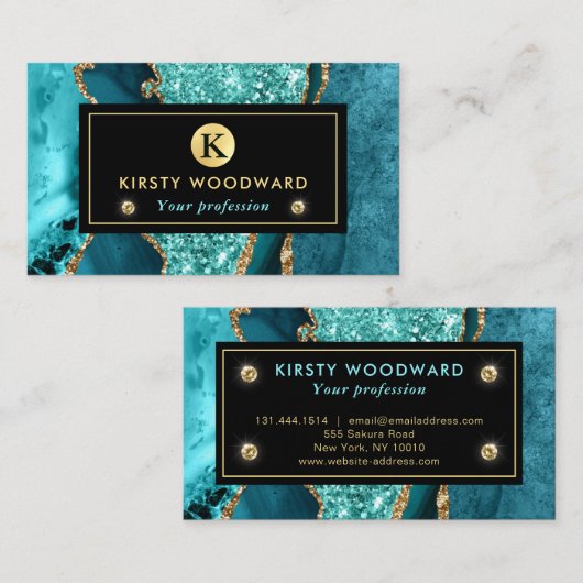 Eleganter Glitzer Agate Aquamarin und Gold Ocean Visitenkarte (Vorne/Hinten)