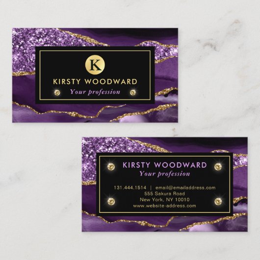 Eleganter Glitzer Agate Lila und Gold Ocean Visitenkarte (Vorne/Hinten)