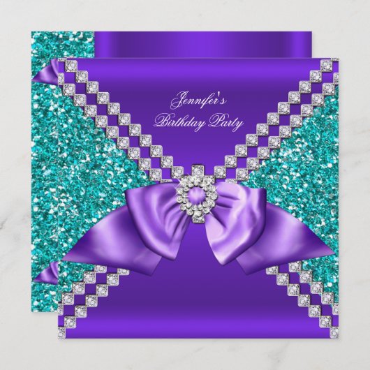 Eleganter Glitzer Aquamarin Blue Lila Diamond Gebu Einladung (Vorne/Hinten)