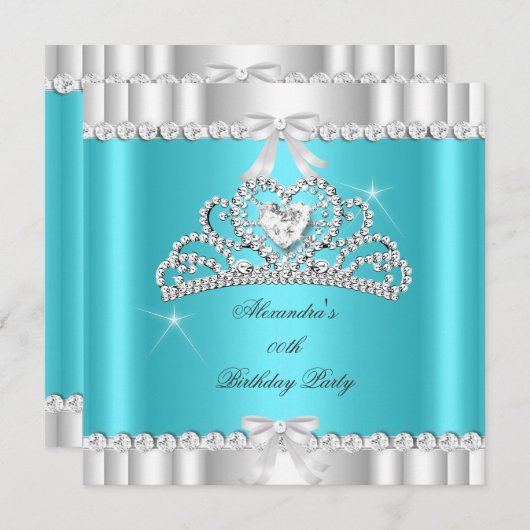 Eleganter Glitzer Aquamarin Blue Silver Tiara Herz Einladung (Vorne/Hinten)