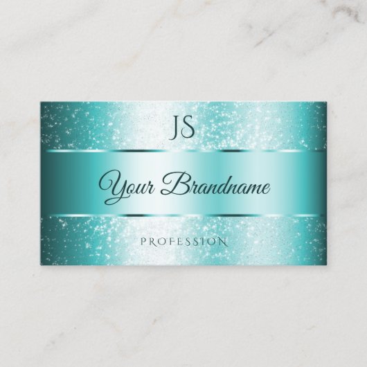 Eleganter Glitzer Aquamarin Gradient und Initials Visitenkarte (Vorderseite)