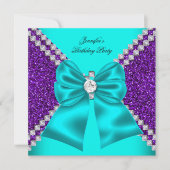 Eleganter Glitzer Aquamarin Lila Diamonds Geburtst Einladung (Vorderseite)