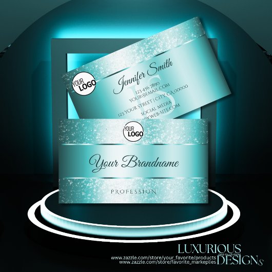 Eleganter Glitzer Aquamarine Farbinitialen und Log Visitenkarte