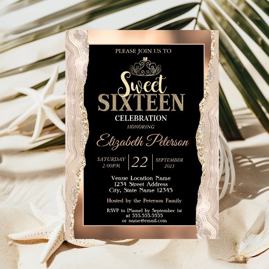 Eleganter Glitzer aus Kupfer-Marmor Sweet 16 Einladung