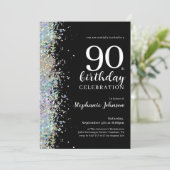 Eleganter Glitzer Black 90. Geburtstagsparty Einladung (Stehend Vorderseite)