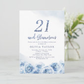 Eleganter Glitzer Blau Blumenschrift 21. Geburtsta Einladung (Stehend Vorderseite)