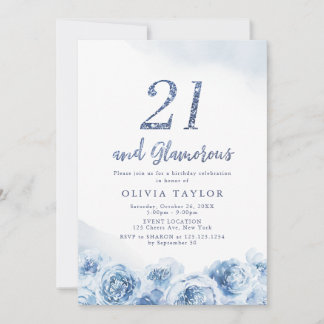 Eleganter Glitzer Blau Blumenschrift 21. Geburtsta Einladung