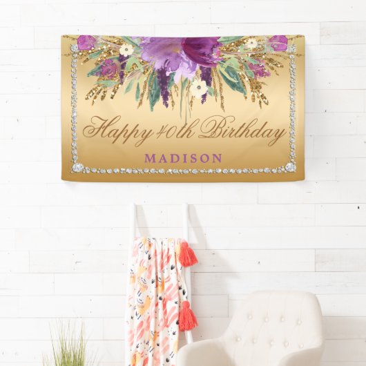 Eleganter Glitzer-Blumen-Diamant-Goldgeburtstag Banner (Insitu)