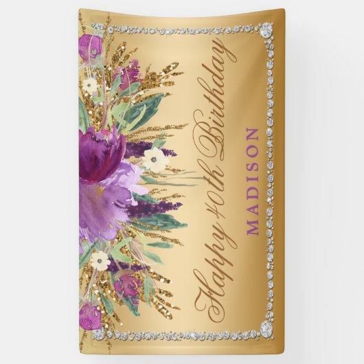 Eleganter Glitzer-Blumen-Diamant-Goldgeburtstag Banner (Vertikal)