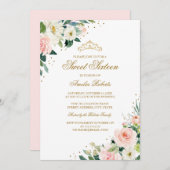 Eleganter Glitzer Blush Gold Floral 16 . Geburtsta Einladung (Vorne/Hinten)