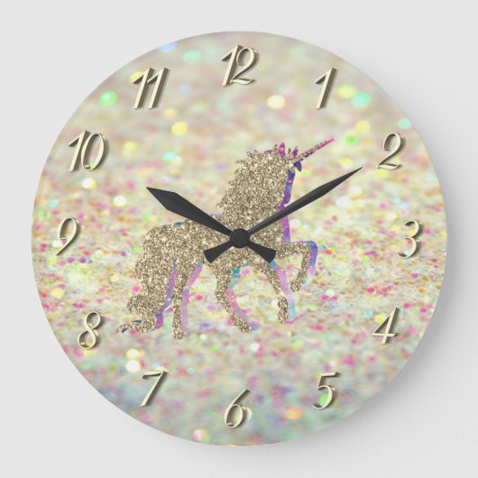 Eleganter Glitzer Bokeh , Gold Glitzer Unicorn Große Wanduhr (Vorderseite)