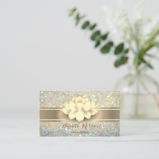 Eleganter Glitzer Bokeh, Gold Stripe Yoga Lotus Visitenkarte (Stehend Vorderseite)
