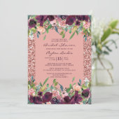 Eleganter Glitzer Burgundy Pink Floral Brautparty Einladung (Stehend Vorderseite)