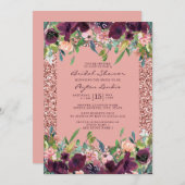 Eleganter Glitzer Burgundy Pink Floral Brautparty Einladung (Vorne/Hinten)