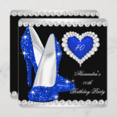 Eleganter Glitzer Cobalt Blue Heart Shoes Geburtst Einladung (Vorne/Hinten)