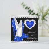 Eleganter Glitzer Cobalt Blue Heart Shoes Geburtst Einladung (Stehend Vorderseite)