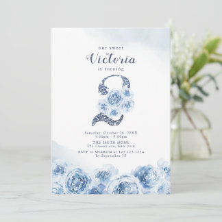 Eleganter Glitzer-Drehbuch blau floral 2. Geburtst Einladung