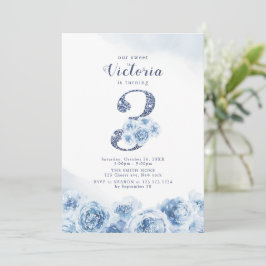 Eleganter Glitzer-Drehbuch blau floral 3. Geburtst Einladung