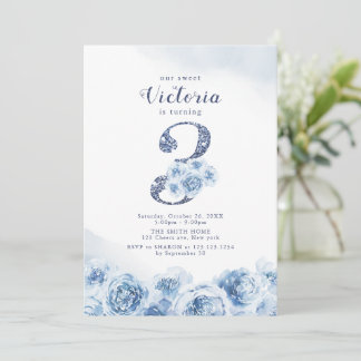Eleganter Glitzer-Drehbuch blau floral 3. Geburtst Einladung