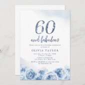 Eleganter Glitzer-Drehbuch blau floral 60. Geburts Einladung (Vorne/Hinten)