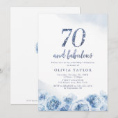Eleganter Glitzer-Drehbuch blau floral 70. Geburts Einladung (Vorne/Hinten)