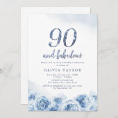 Eleganter Glitzer-Drehbuch blau floral 90. Geburts Einladung (Vorne/Hinten)