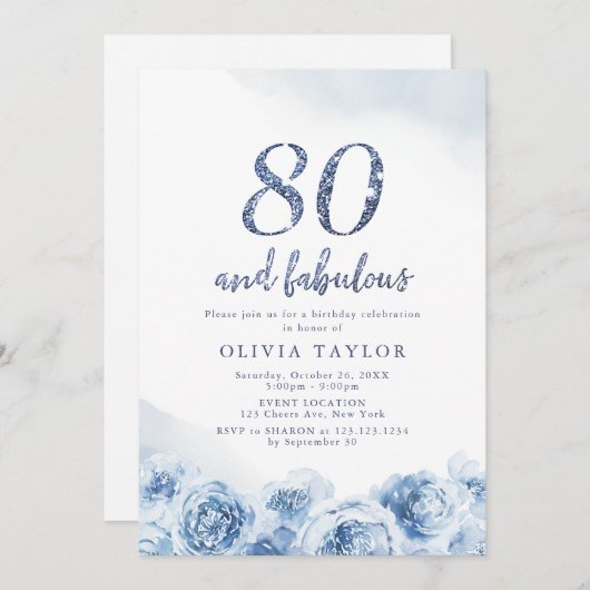 Eleganter Glitzer-Drehbuch blau florale 80. Geburt Einladung (Vorne/Hinten)