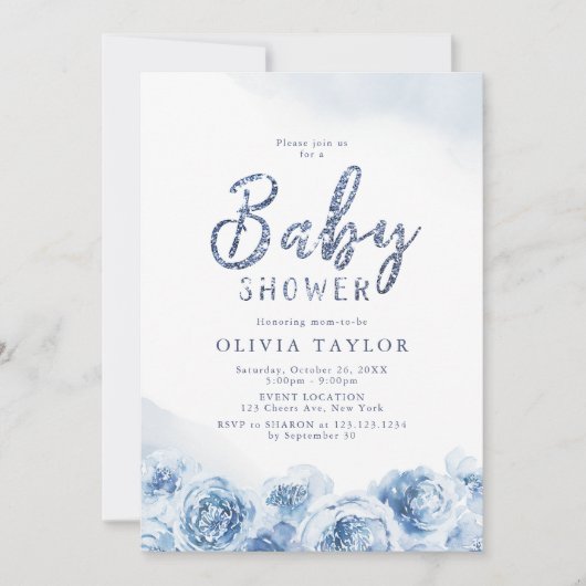 Eleganter Glitzer-Drehbuch Blütendusche Einladung (Vorderseite)