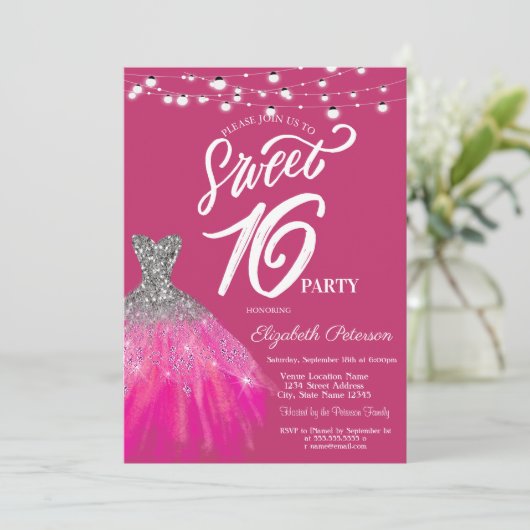 Eleganter Glitzer Dress String Lights Sweet 16 Einladung (Stehend Vorderseite)