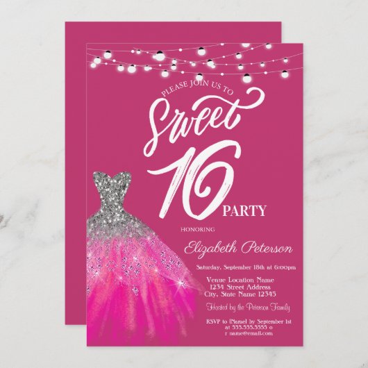 Eleganter Glitzer Dress String Lights Sweet 16 Einladung (Vorne/Hinten)
