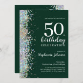 Eleganter Glitzer Emerald Green 50. Geburtstag Einladung (Vorne/Hinten)